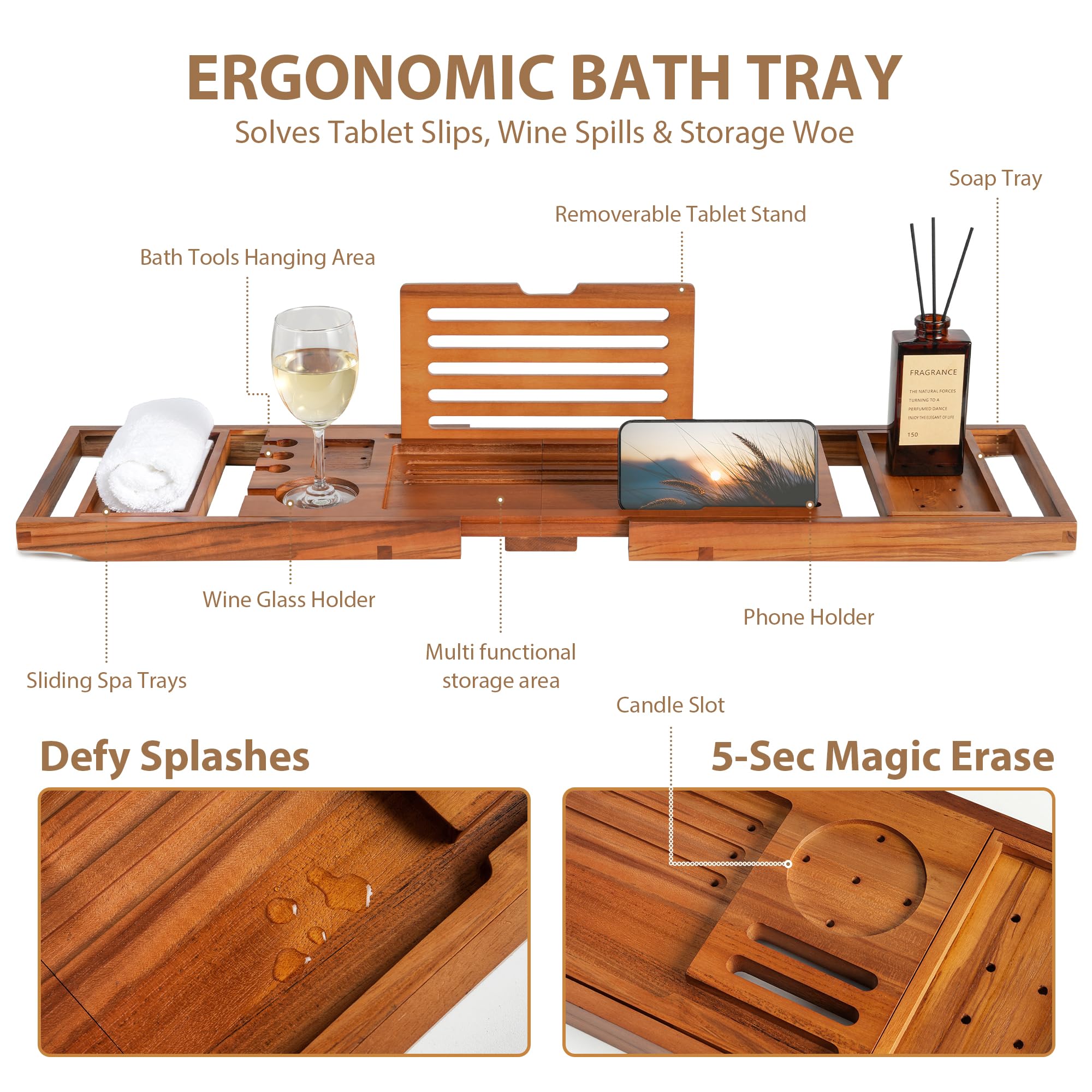 Realgulf teak bathtub tray with wine holder keeps drinks within reach