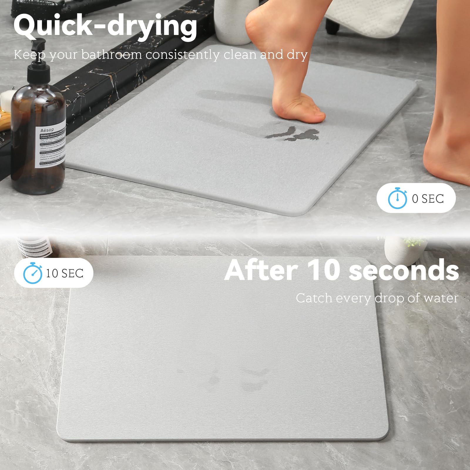 Realion stone bath mat non-slip bottom helps secure placement.