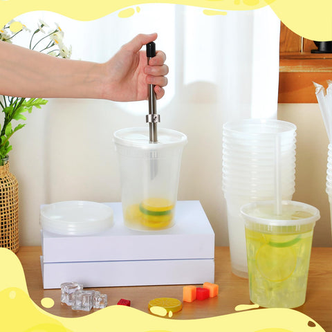 Reallnaive plastic cups with lids and accompanying straws for mess-free serving.