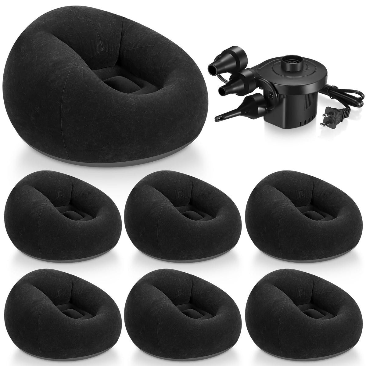 Realspring inflatable bean bag chair in use with electric pump for quick setup.