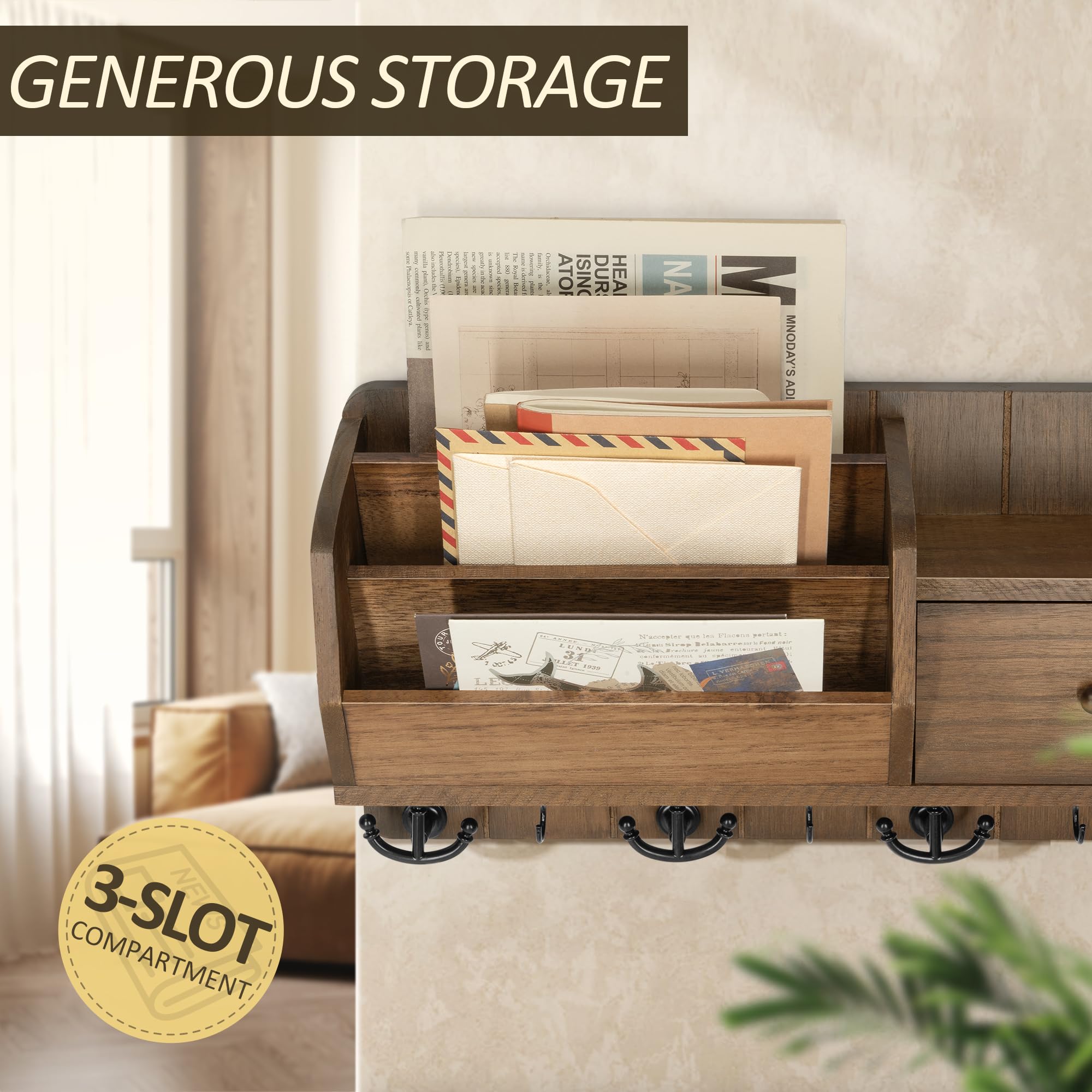 Rebee Vision wall mount with drawer open showing storage for wallets and small items.