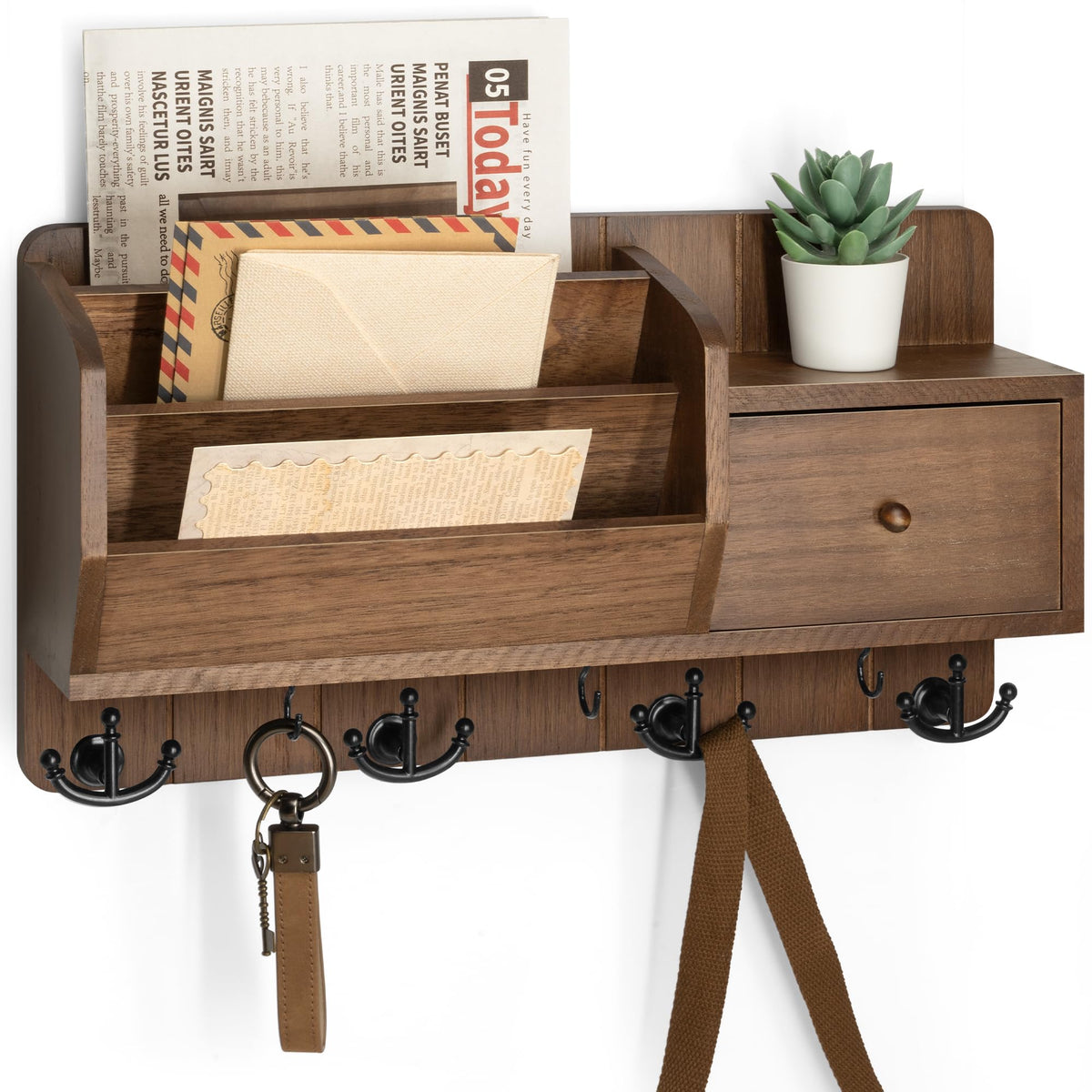 Rebee Vision key and mail holder wall mount front view in rustic brown.