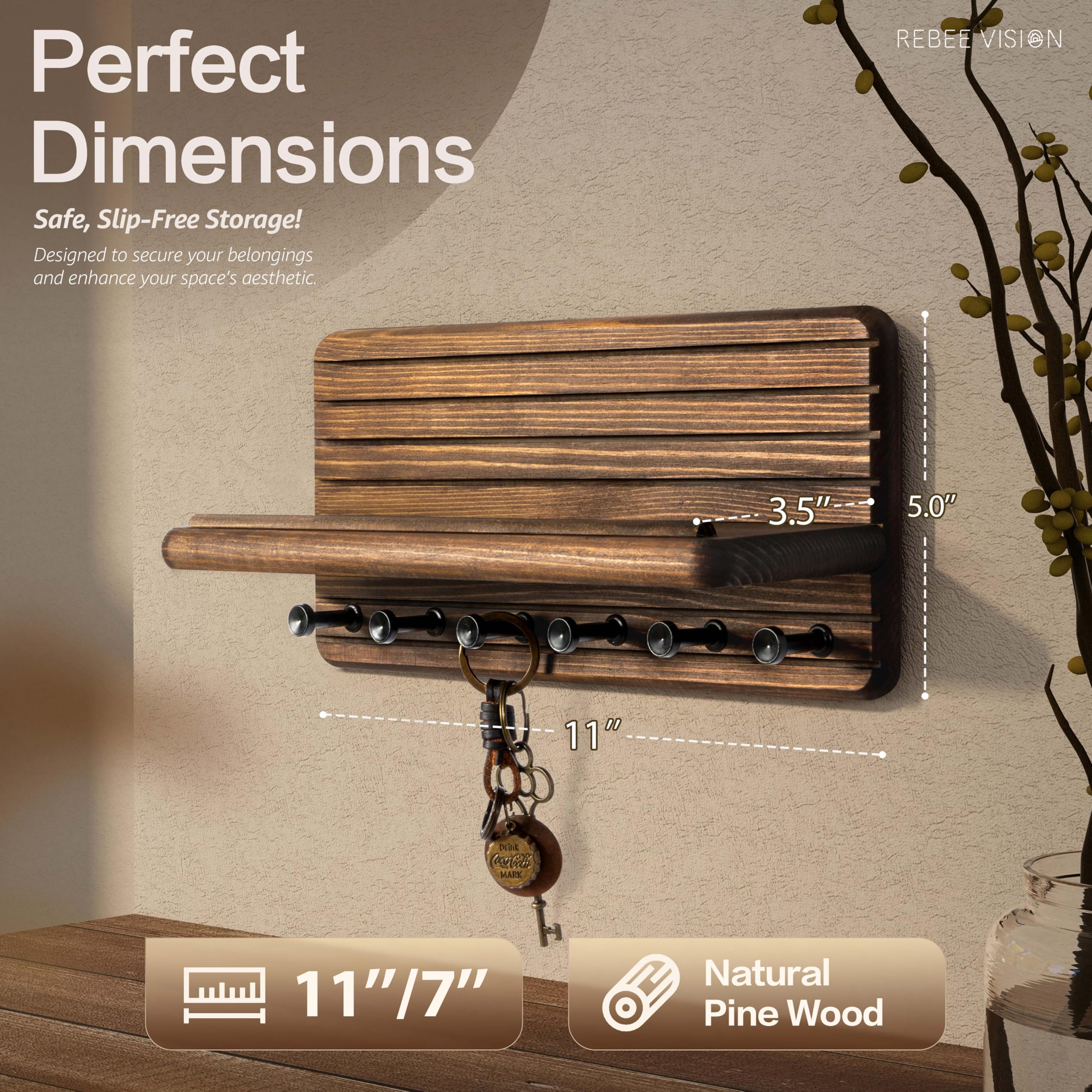Rebee Vision pine wood key shelf with floating edge holds small items.