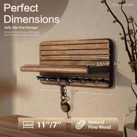 Rebee Vision pine wood key shelf with floating edge holds small items.