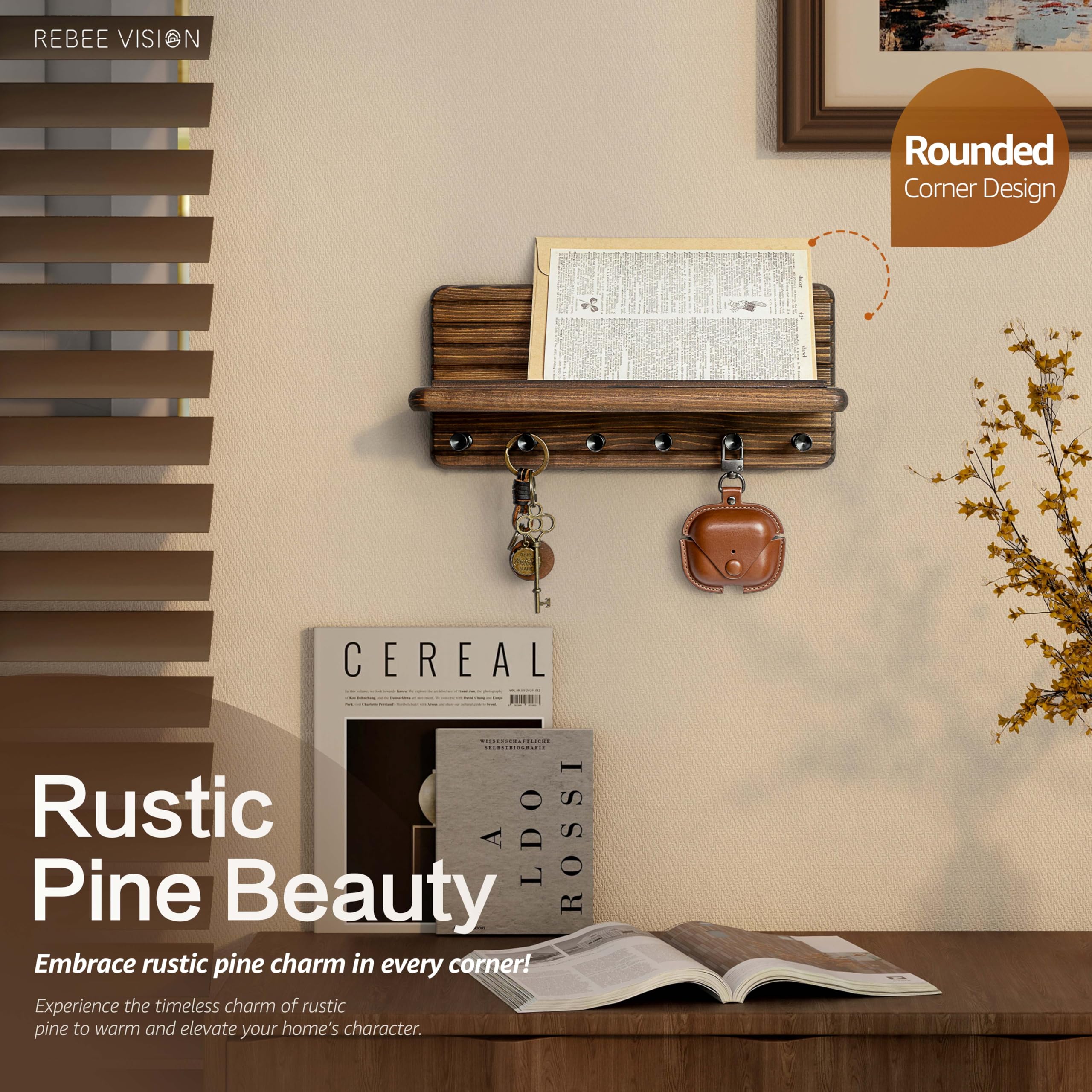 Rebee Vision raised-edge shelf accommodates mail, plants, and decor.
