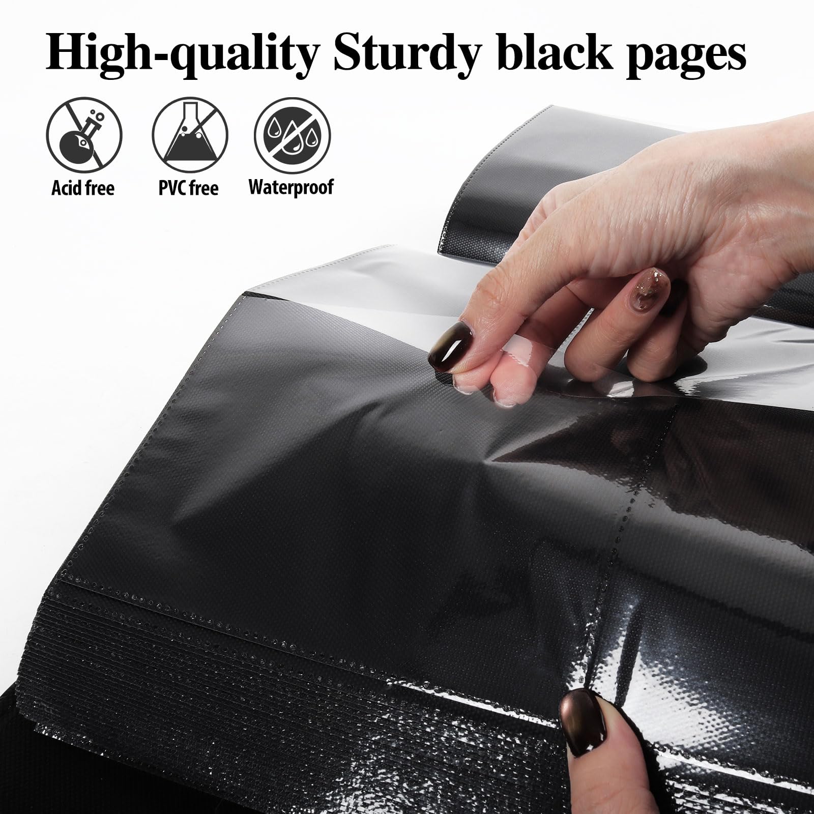 RECUTMS black pages with clear sleeves enhance photo contrast and viewing.