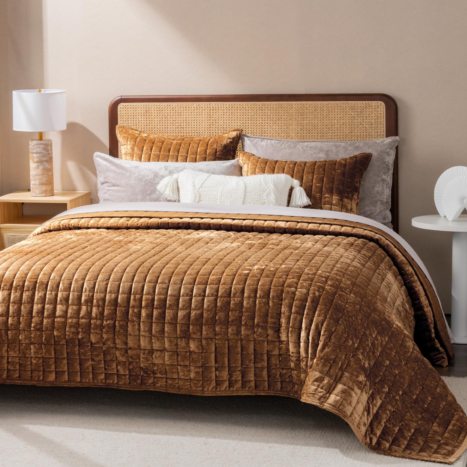 RECYCO channel stitch design on bedspread highlighting structured pattern.