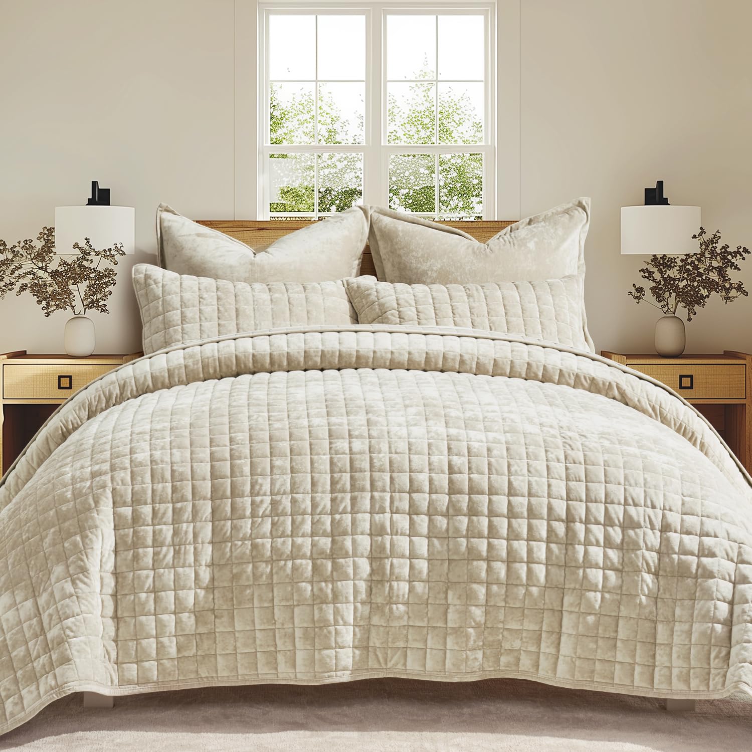 RECYCO luxury velvet quilt in beige shows plush softness for inviting evenings.