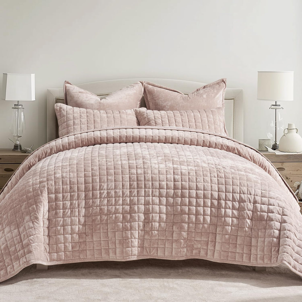 RECYCO luxury velvet quilt full queen rose pink, plush softness visible