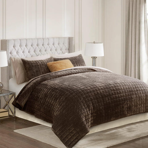 RECYCO luxury velvet quilt full-queen in walnut brown adds elegant warmth.