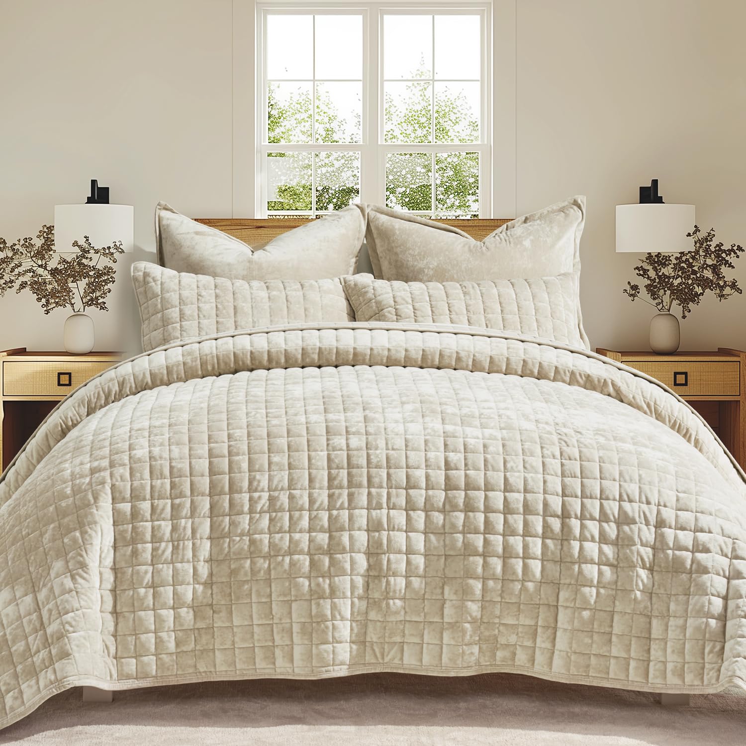 RECYCO luxury velvet quilt full queen in beige with rich sheen and drape