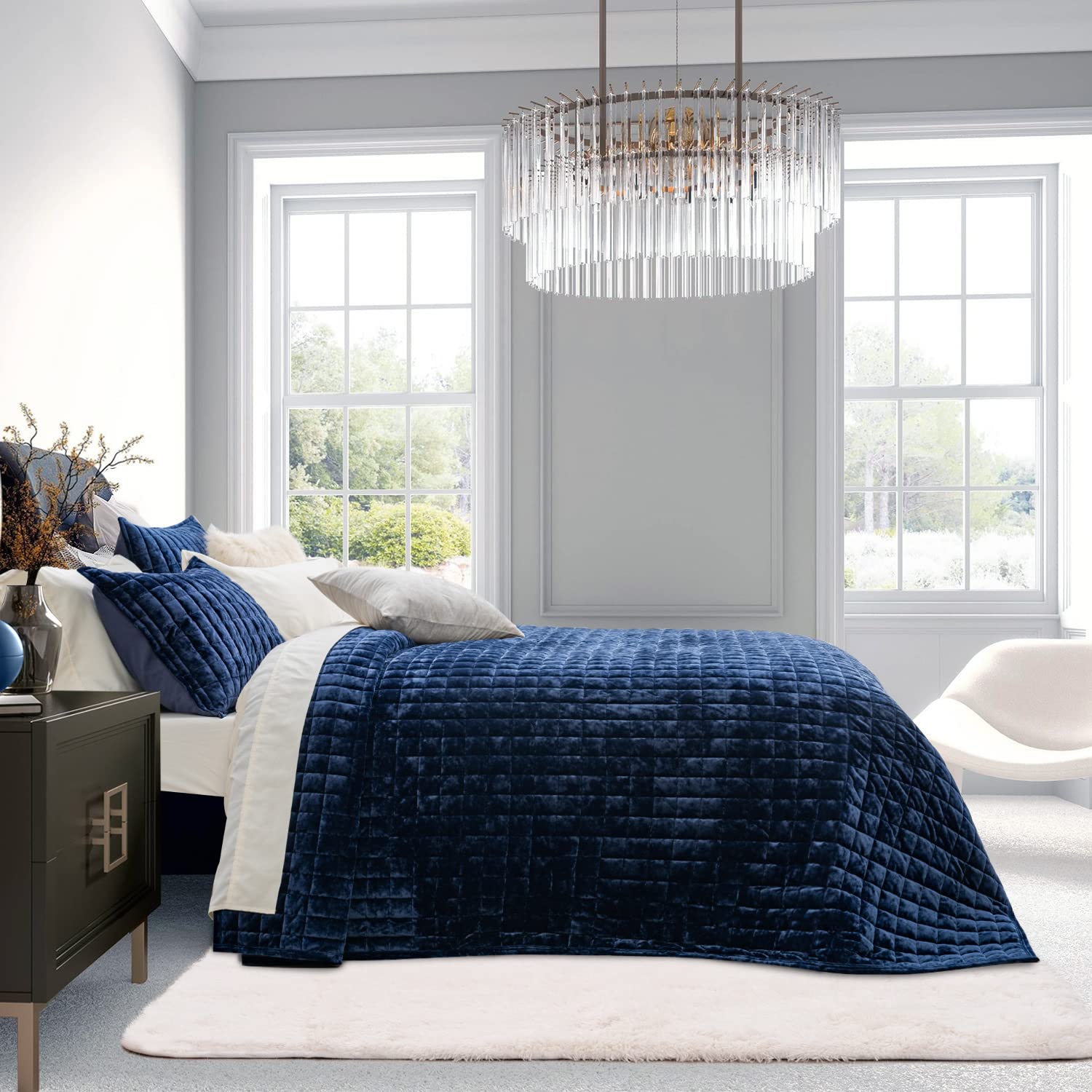 RECYCO velvet quilt set in navy enhances modern bedroom decor and warmth