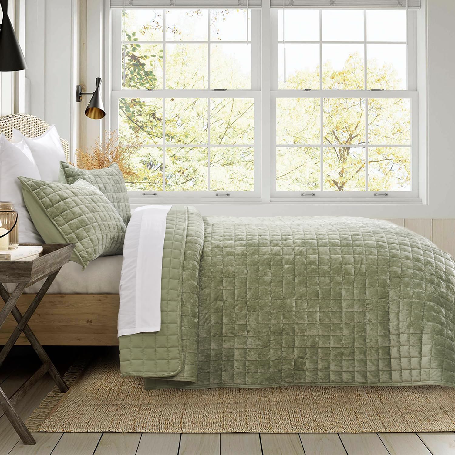 RECYCO Sage Green Velvet Bedspread Set adds elegant color to bedroom decor