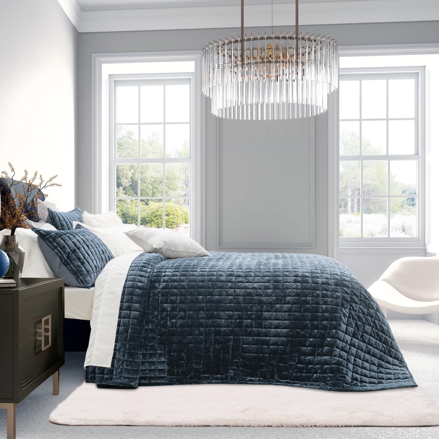 RECYCO stormy blue channel-stitch pattern enhances bedroom decor