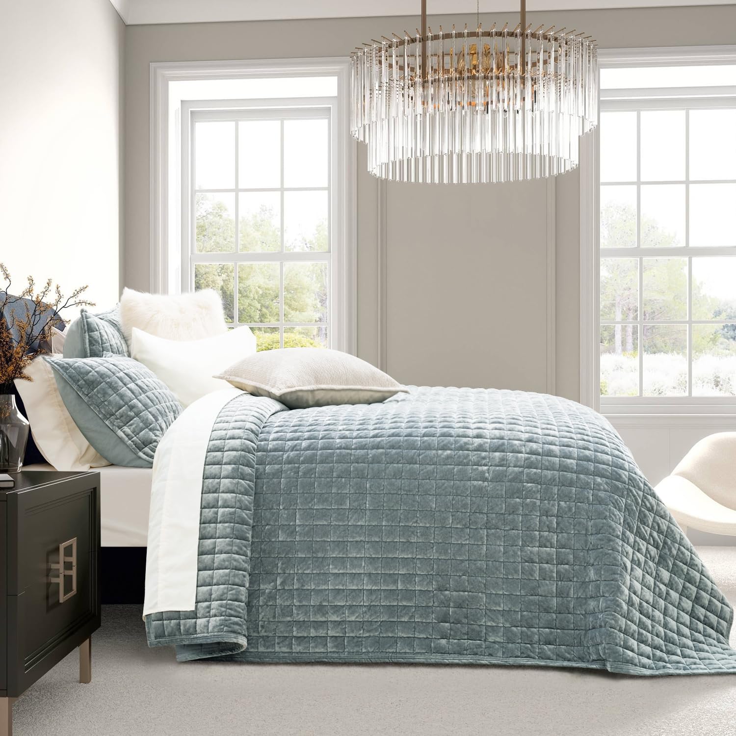RECYCO velvet quilt set king blue linen enhances elegant bedroom aesthetics