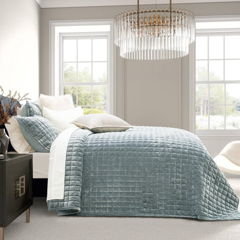 RECYCO velvet quilt set king blue linen enhances elegant bedroom aesthetics