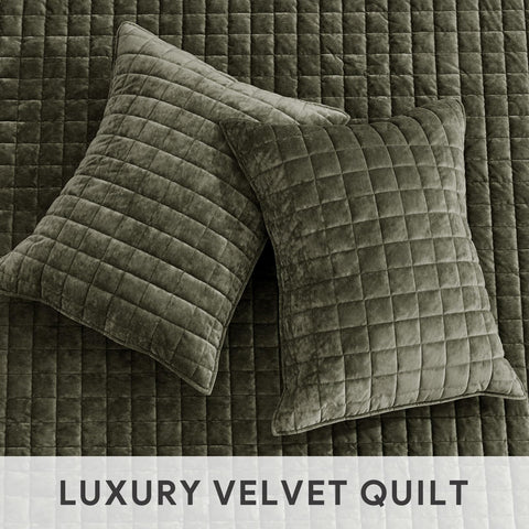 RECYCO velvet quilt with two shams arranged on bed