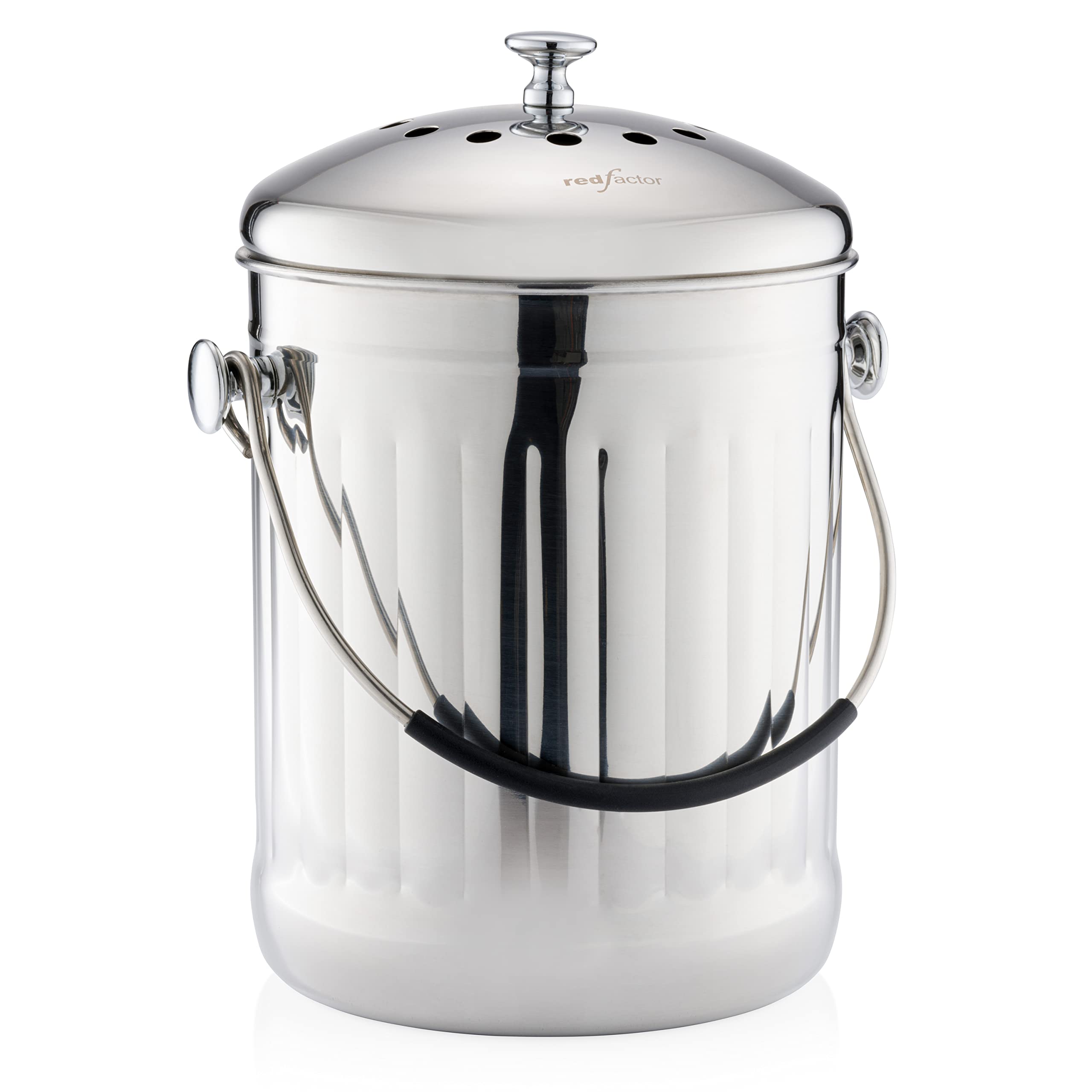 Red Factor premium compost bin on countertop for easy kitchen waste management.