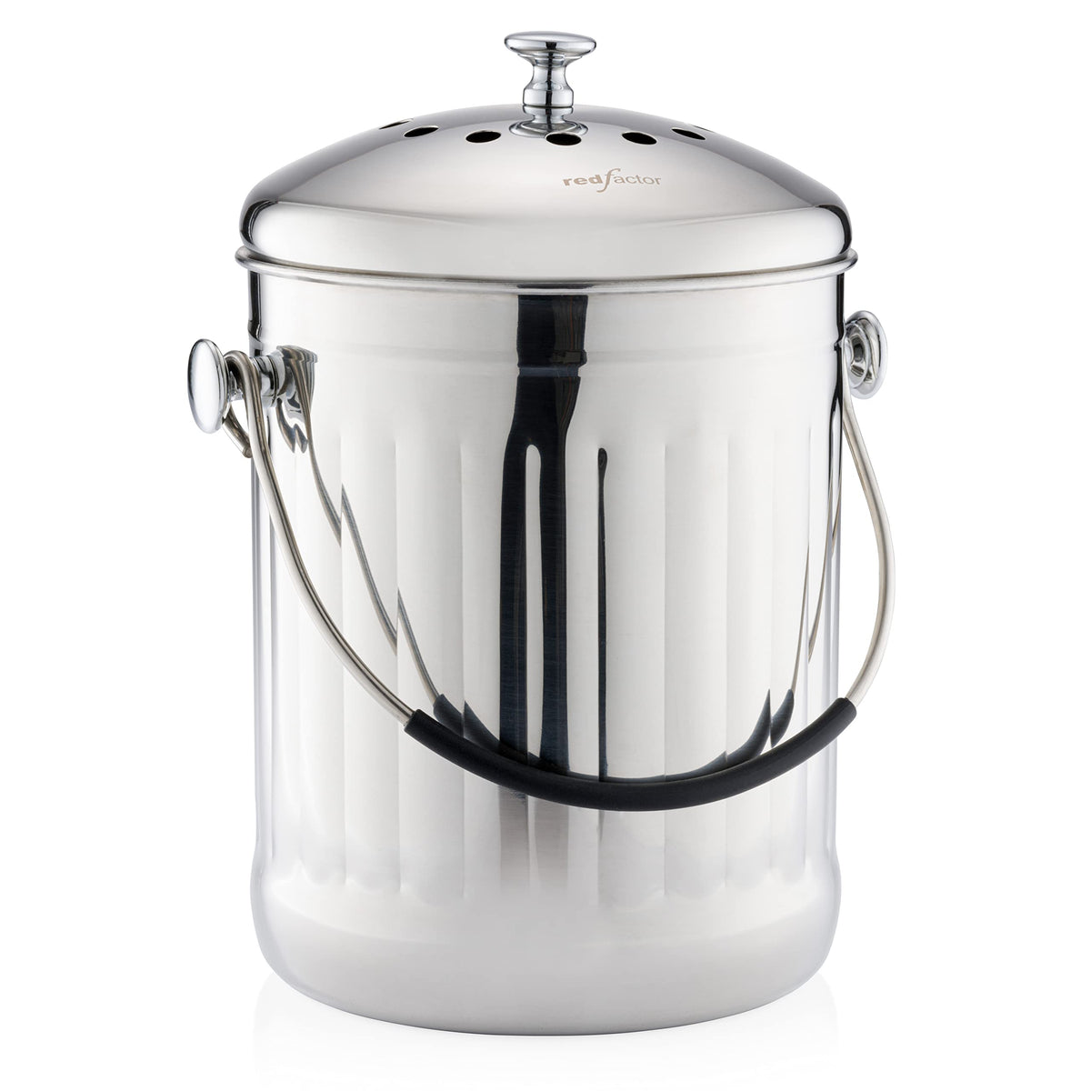 Red Factor premium compost bin on countertop for easy kitchen waste management.