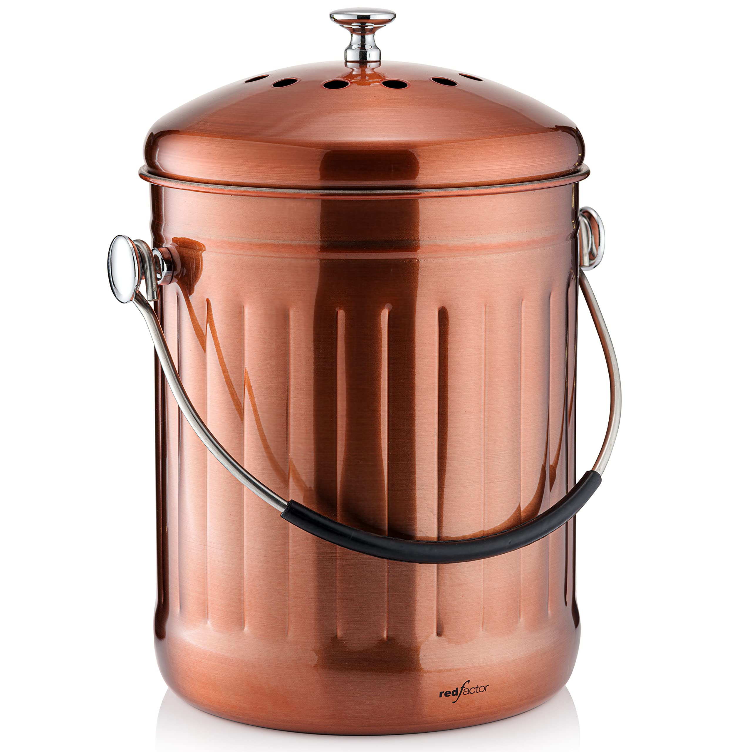 RED FACTOR compost bin on countertop with dual filters to reduce odors.