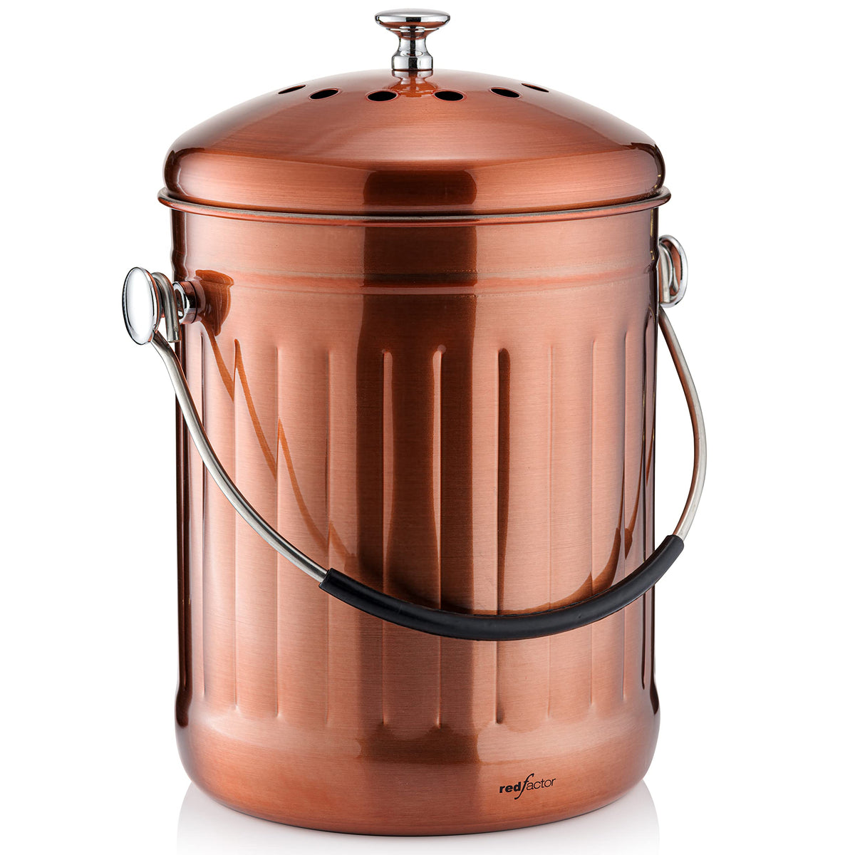 RED FACTOR compost bin on countertop with dual filters to reduce odors.