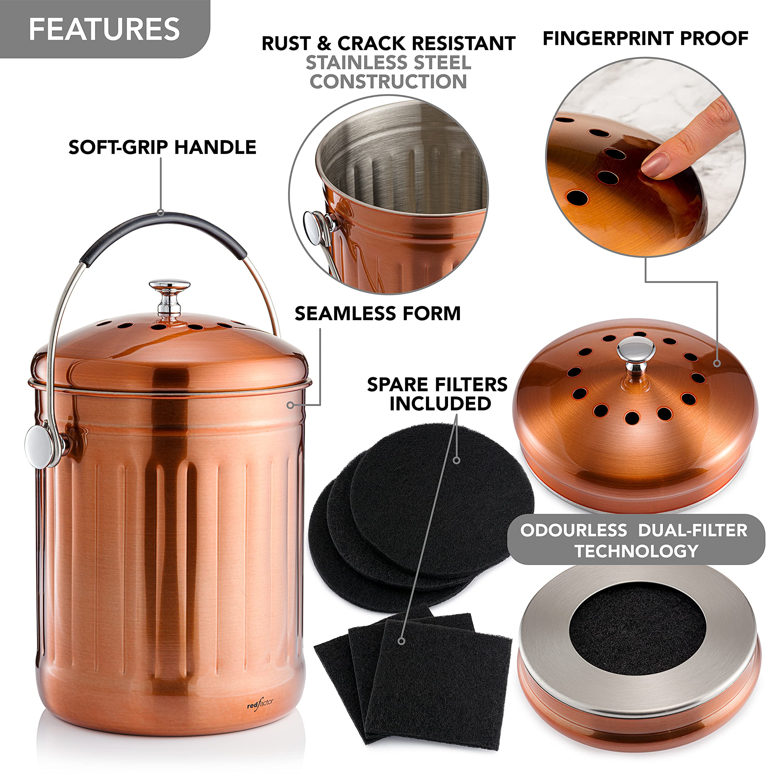 Soft-grip handle on RED FACTOR compost bin for easy lifting.