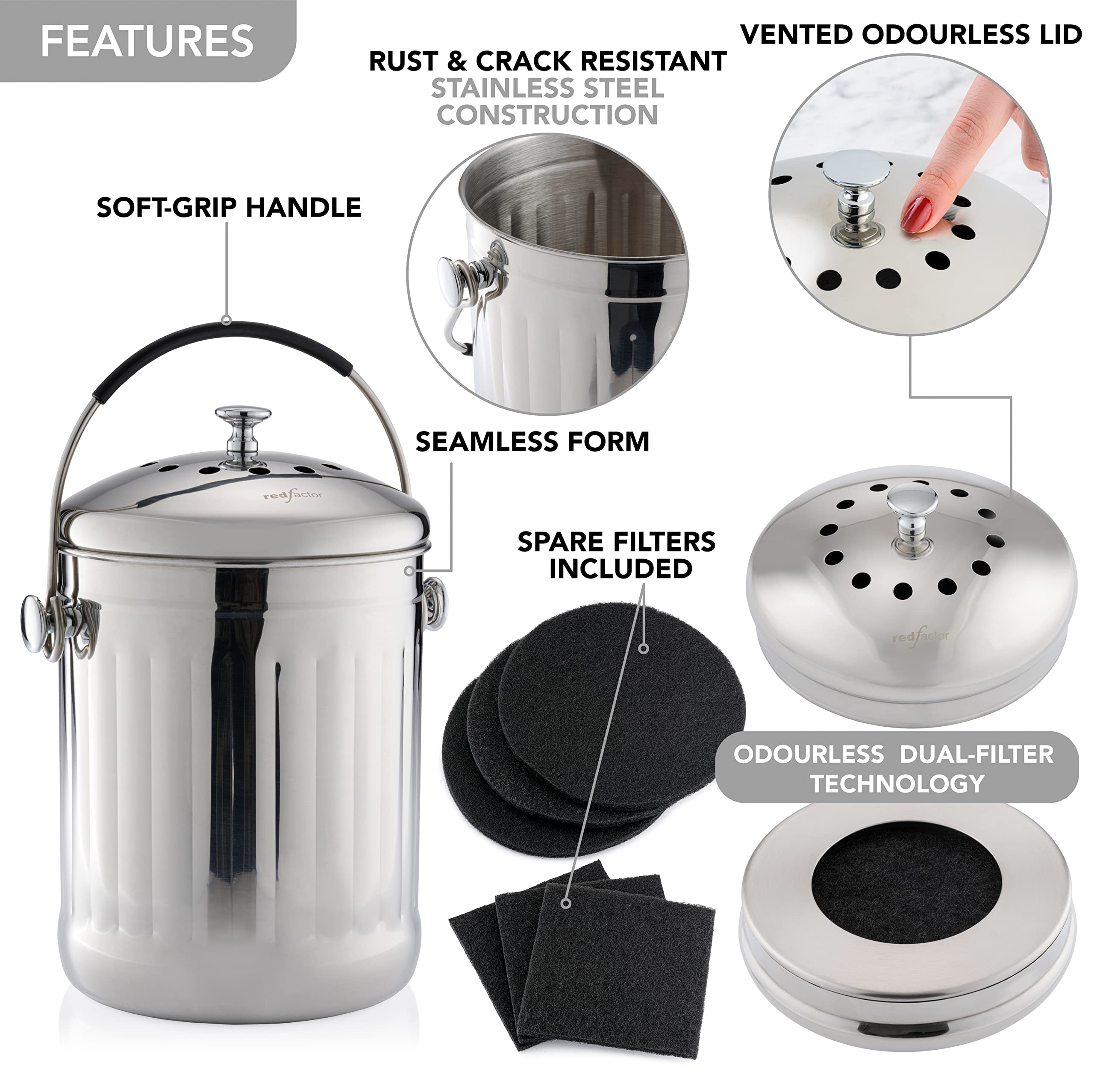 Red Factor spare filters included for continuous odor management.