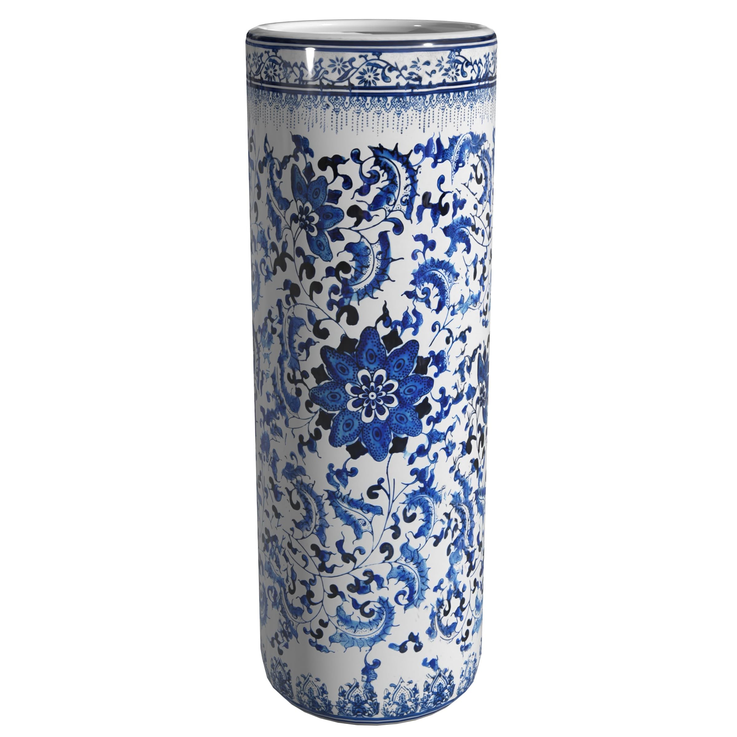 Red Lantern umbrella stand full view with blue-white floral pattern for elegant entryways.