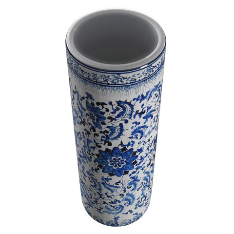 Red Lantern handmade porcelain umbrella stand detail highlighting blue motif.