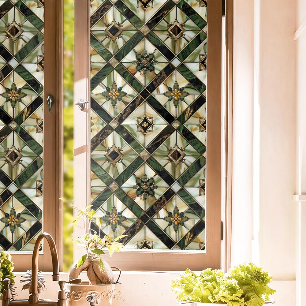 Redamancy boho golden geometric stained-glass window film showing color glow with sunlight