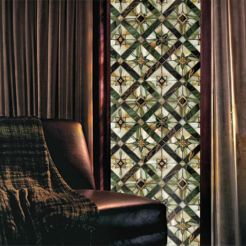 Redamancy boho golden geometric stained-glass film adds privacy while brightening living spaces