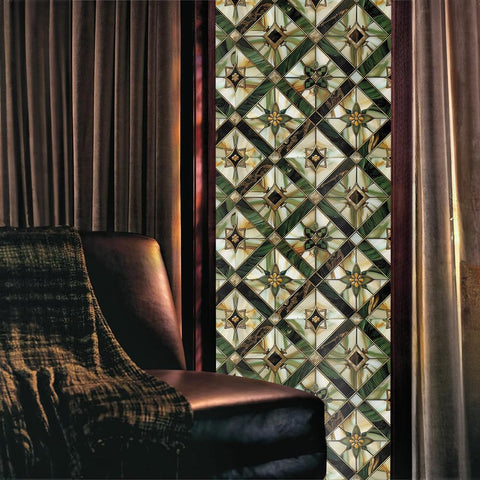 Redamancy boho golden geometric stained-glass film adds privacy while brightening living spaces