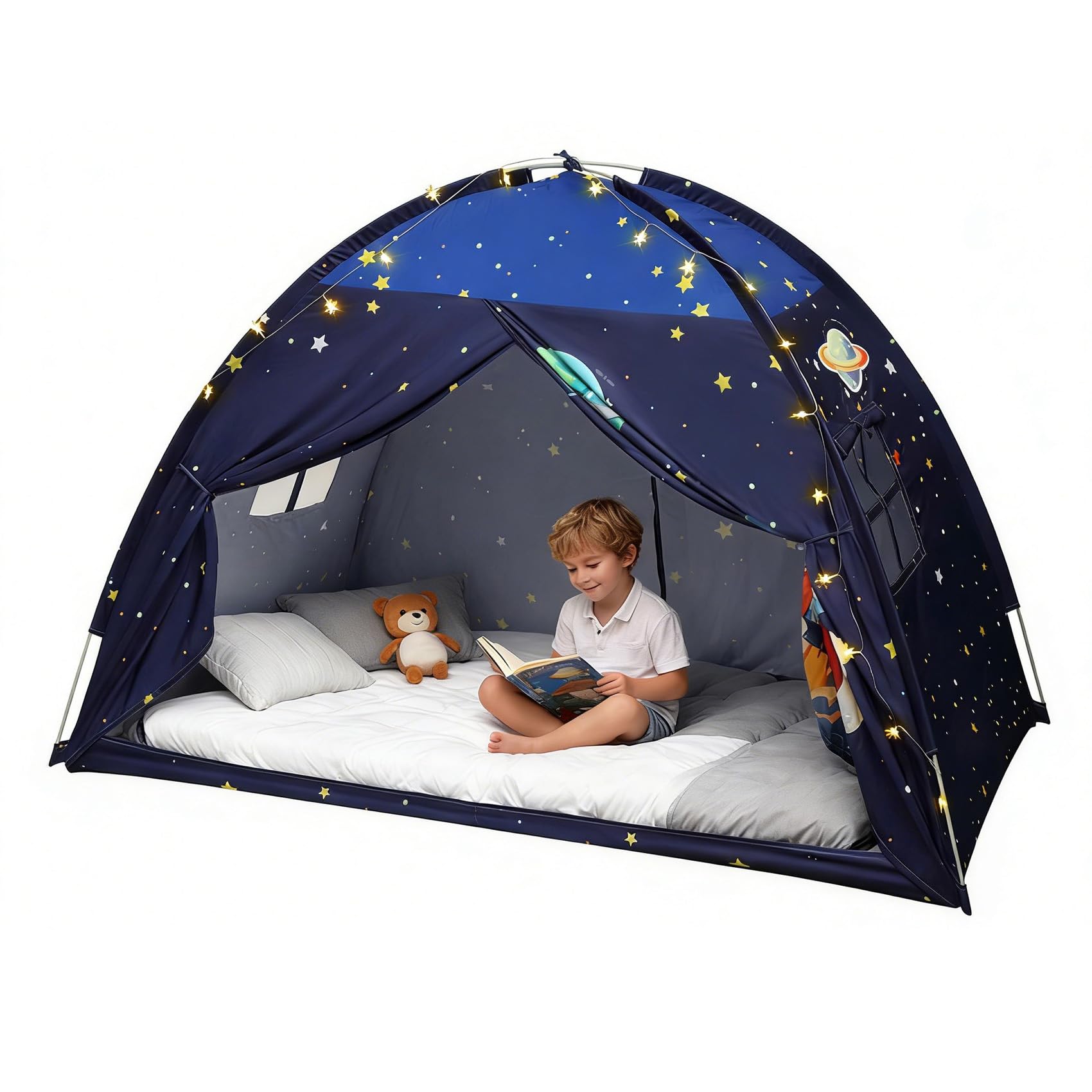 Redants twin bed tent with blue star lights creates a private nap space.