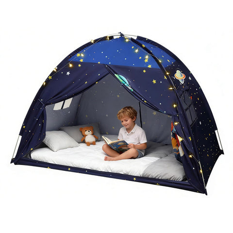 Redants twin bed tent with blue star lights creates a private nap space.