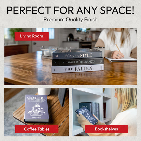 Redesigned Basics decorative books black 10-book set side view shows versatile stackable design.