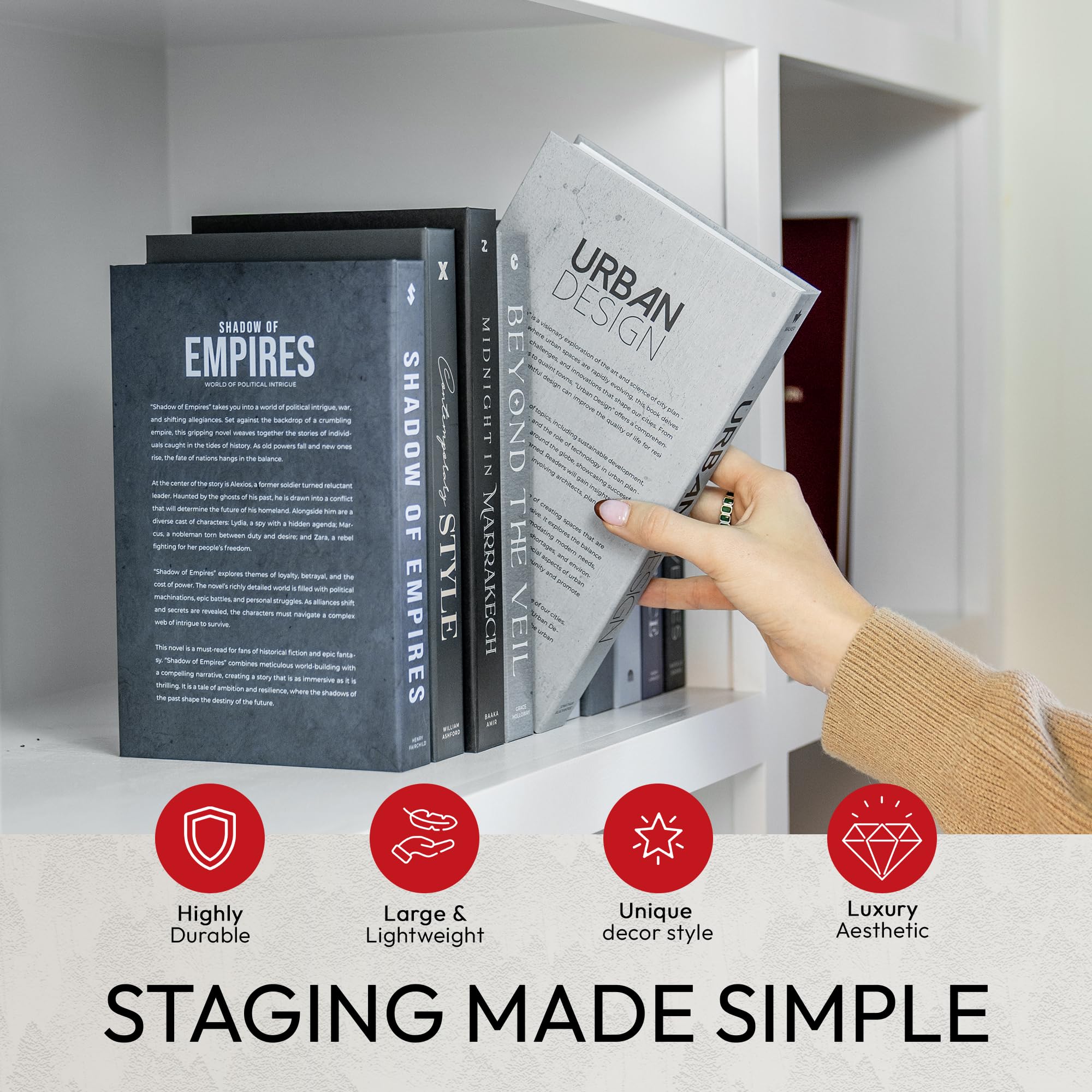 Redesigned Basics decorative books black 10-book set stacked for cohesive staging.