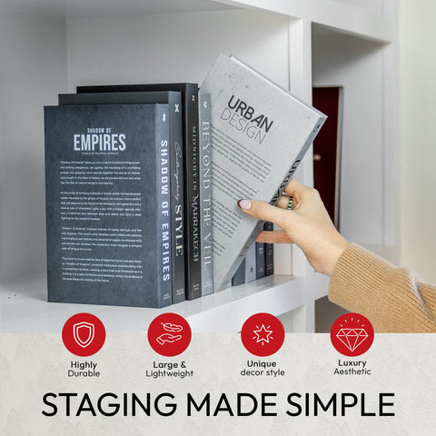 Redesigned Basics decorative books black 10-book set stacked for cohesive staging.