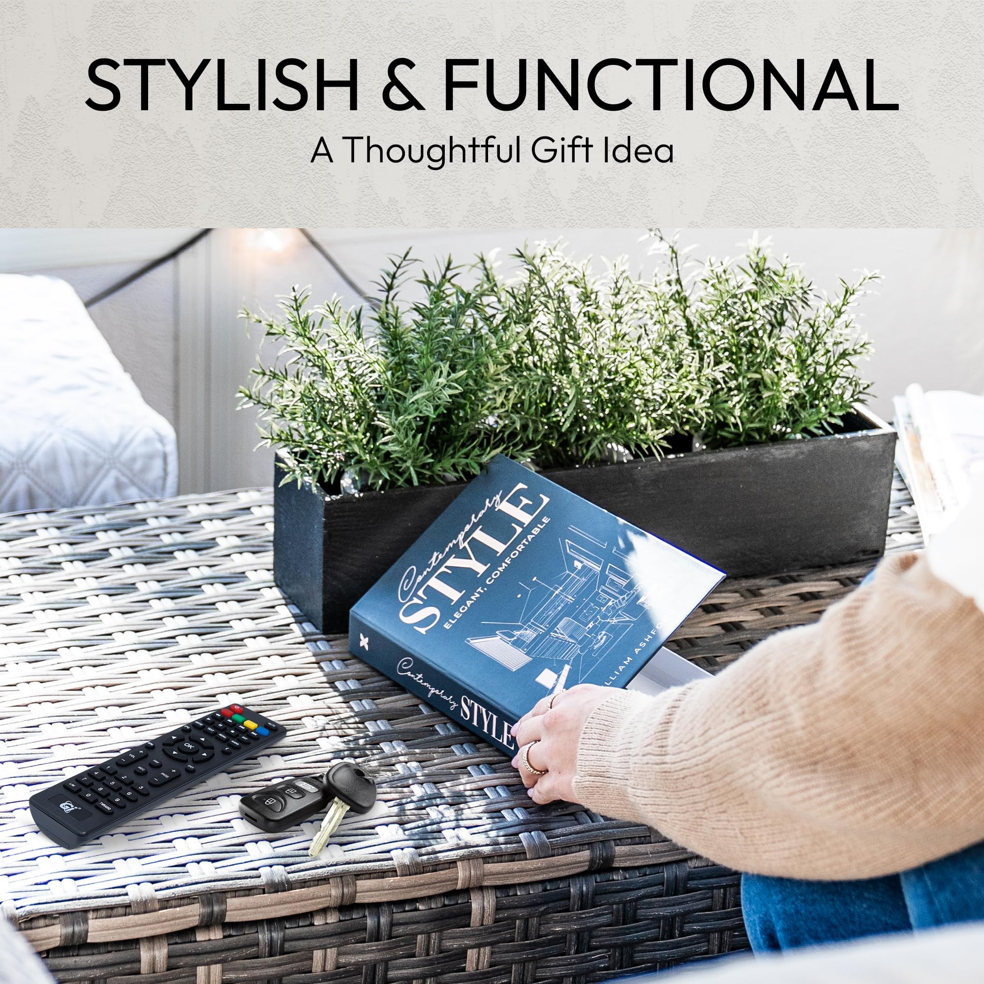 Redesigned Basics decorative books living room setup showcases luxury aesthetic.
