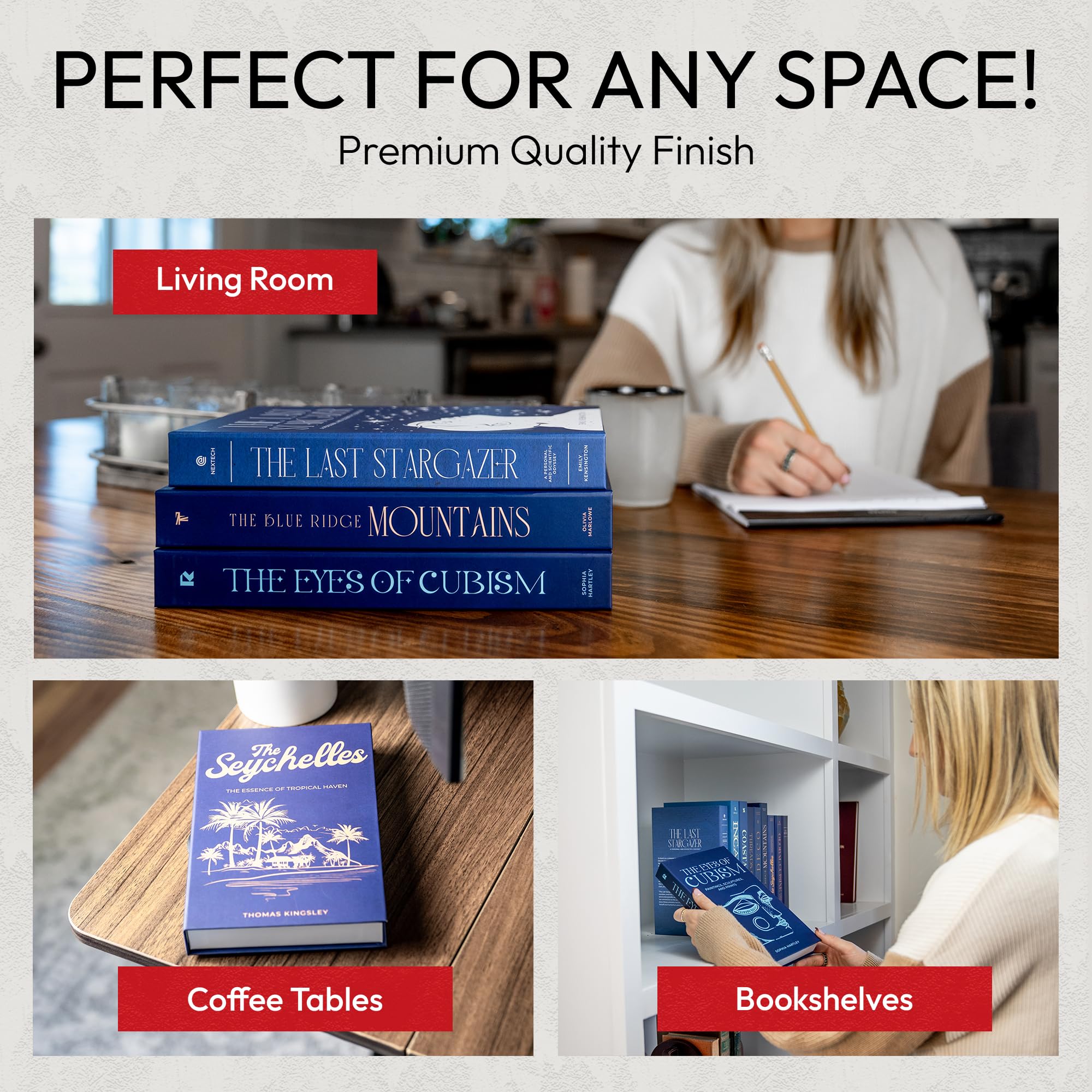 Redesigned Basics hidden storage books show three sizes for discreet organization.