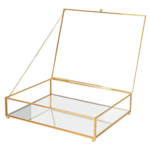 RedHUGO large glass display box with mirrored base reflecting light for elegant display.