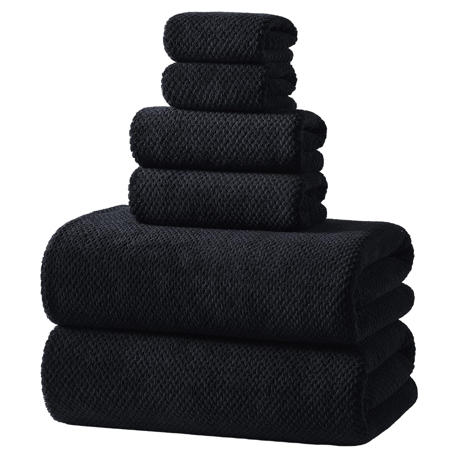 REDKISS 6-piece black towel set neatly stacked for bathroom display.