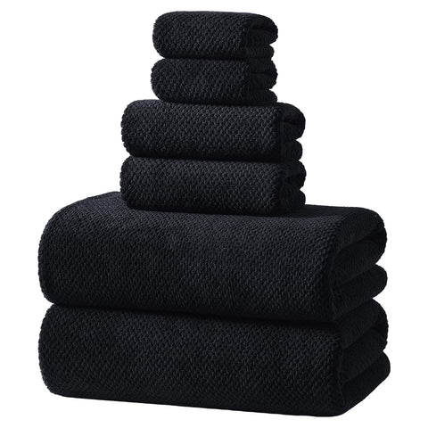 REDKISS 6-piece black towel set neatly stacked for bathroom display.
