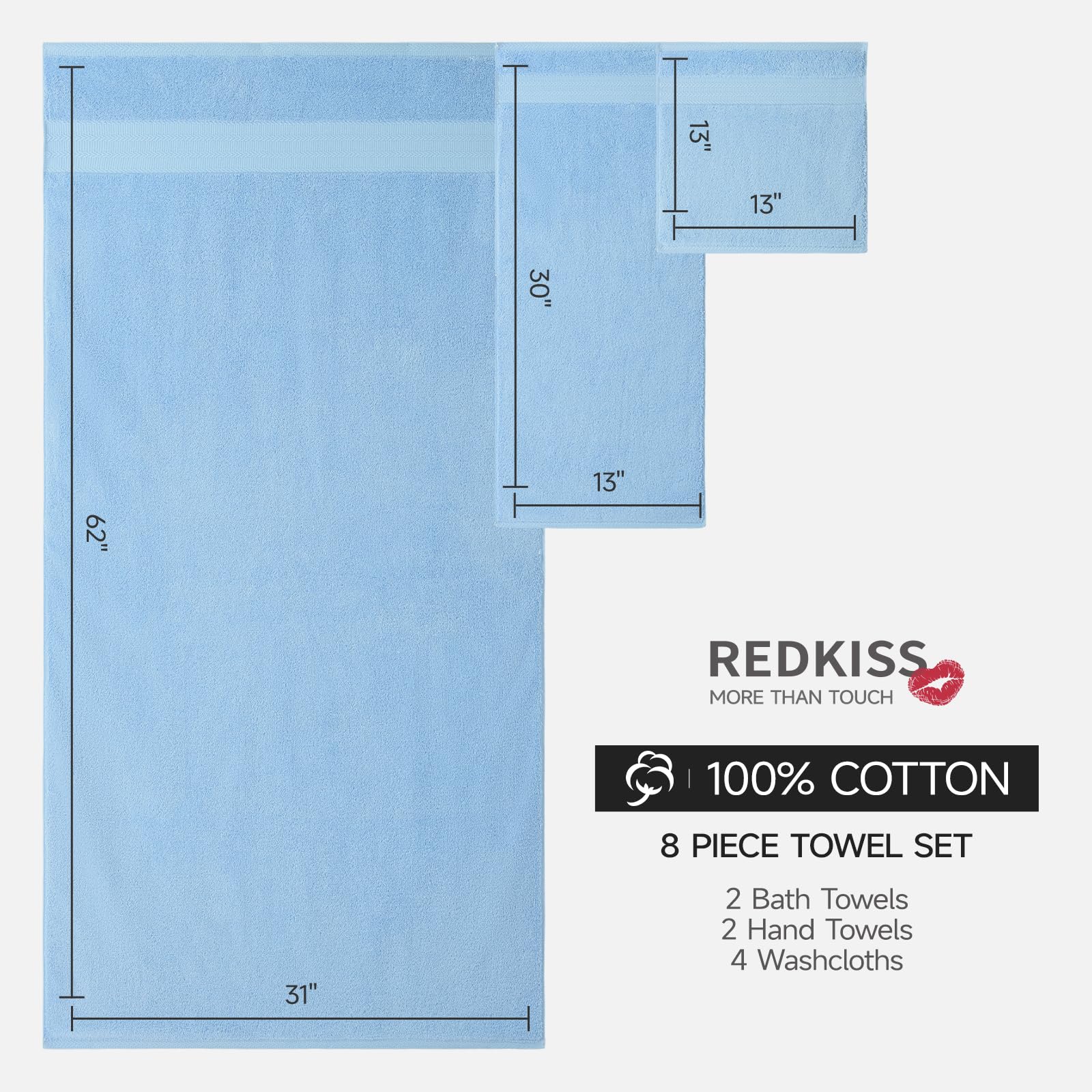 RedKiss bath towels 28x58 inches folded for plush absorbency.