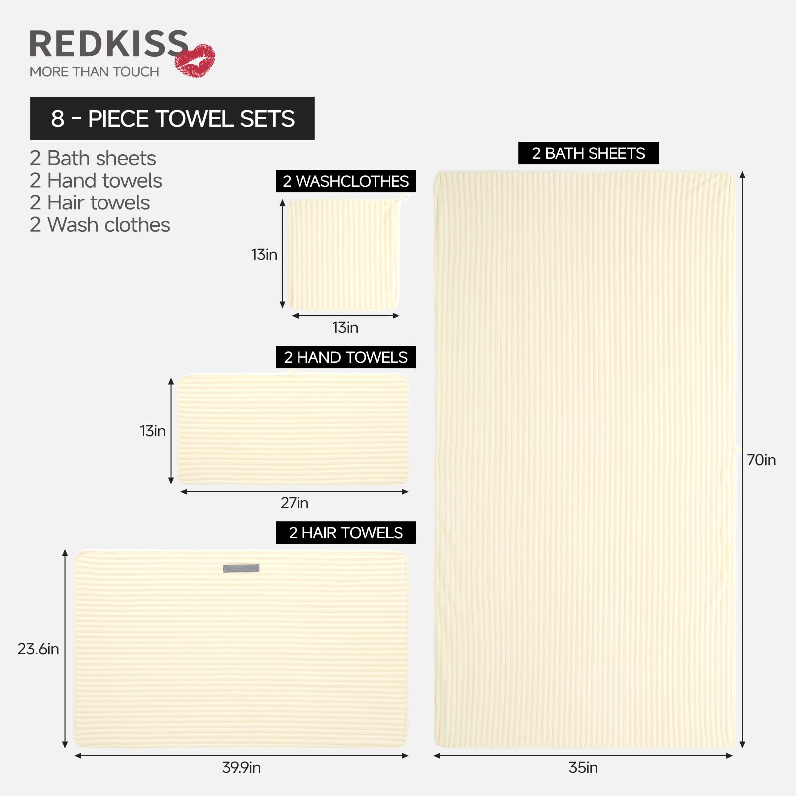 Redkiss 8-piece set laid flat shows oversized 35x70 inch bath sheet.