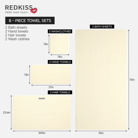 Redkiss 8-piece set laid flat shows oversized 35x70 inch bath sheet.