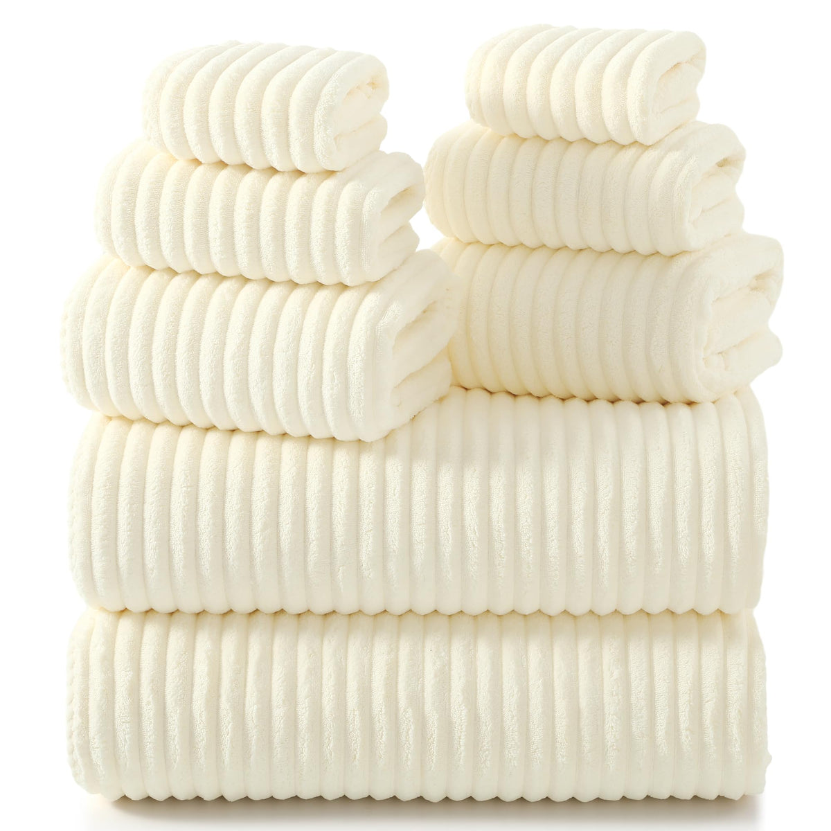 Redkiss Cream microfiber towel set, front view, 8-piece bath collection for home use.