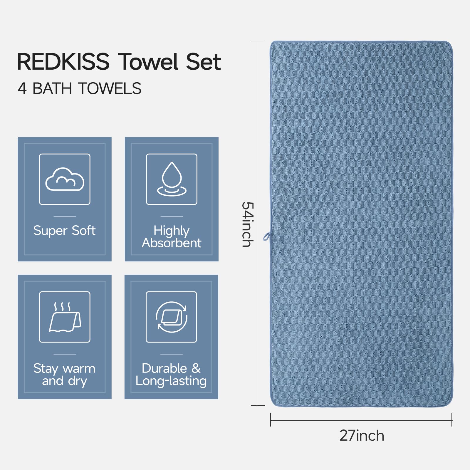 REDKISS microfiber towel blue waffle texture for faster drying after showers.