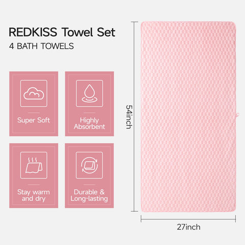 REDKISS oversized 27x55 towels offer generous wrap and absorbency for bath.