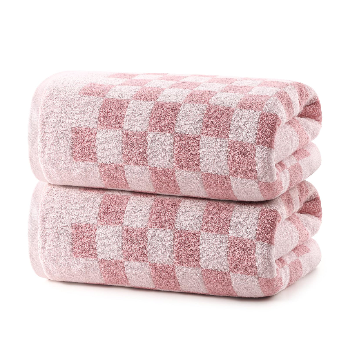 REDKISS pink checkered bath towel set in a bathroom, plush and highly absorbent.