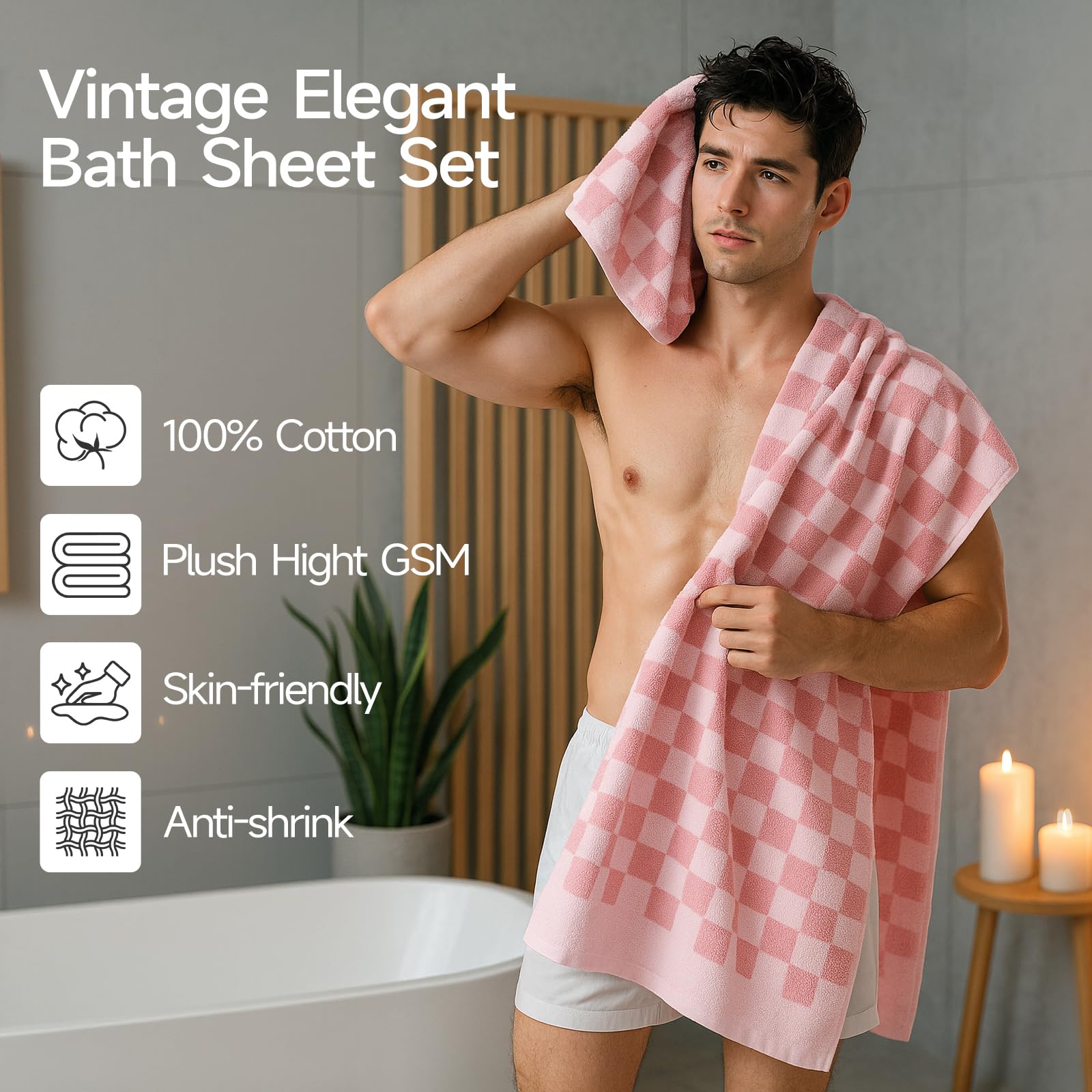 REDKISS pink checkered bath towels, 600GSM, deliver thick, silky-soft texture.